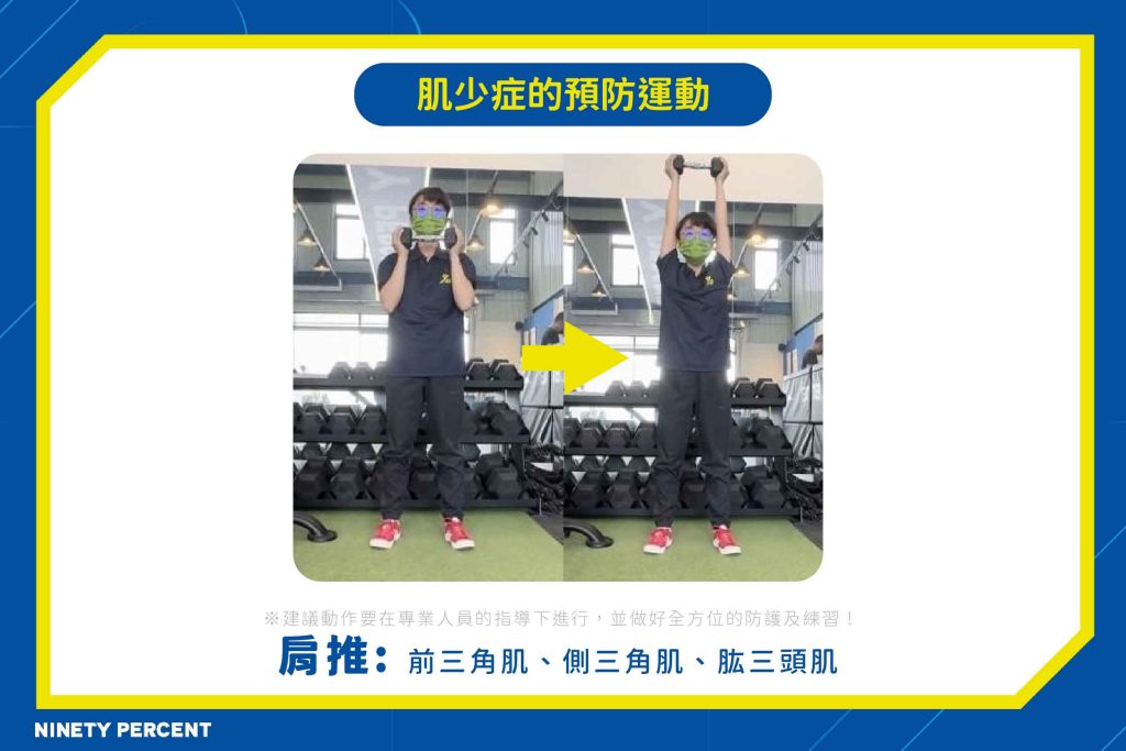 肌少症-肌少症改善-肌少症運動-Ninety Percent 耐瀚運動防護-台中北屯-肩推-前三角肌、側三角肌、肱三頭肌-上肢訓練